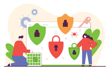 People Securing Online Data Shields, Locks, and Key on Digital Screen Illustration