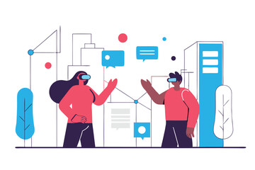 People Using VR Headsets in an Abstract Environment with Floating Icons and Geometric Shapes