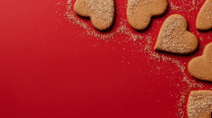 Top view of heart shaped gingersnap cookies on a red backdrop
