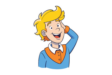 Smiling Cartoon Boy with Blonde Hair and Blue Outfit with Hand Behind Head