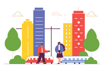 Stylized Cityscape Illustration with People, Buildings, Trees, and Transportation in Flat Design