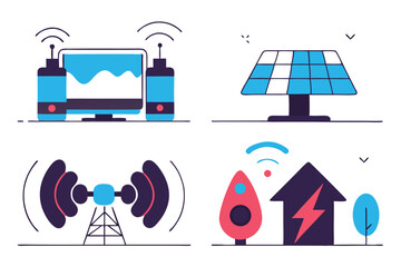 Stylized Icons Representing Technology, Green Energy, and Communication on a White Background