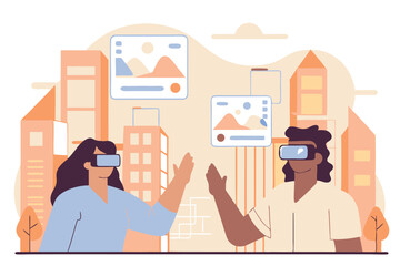Two people wearing VR glasses, interacting with virtual landscapes in a stylized city illustration