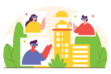 VR Meeting with Remote Team Viewing City Architecture and Landscape Flat Illustration