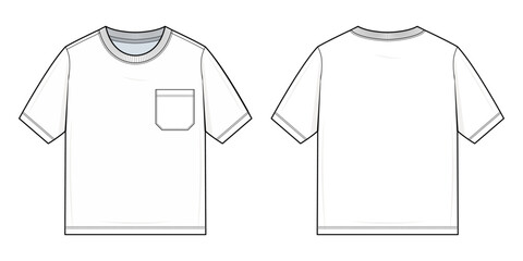 Crewneck Pocket T-Shirt Technical Fashion Illustration. Short Sleeve Tee with Chest Patch Pocket. Front and Back View. Casual Unisex T-Shirt Template. CAD Mockup set.