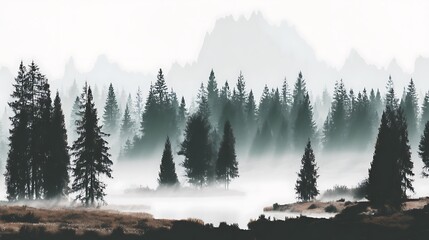 Misty morning among the trees near mountains
