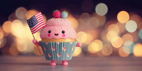 Pastel cupcake character wearing star frosting and clutching a tiny flag, warm highlight and shallow depth for product imagery