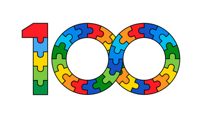 Creative puzzle number 100 lettering with an infinity symbol. Vector isolated on a white background.