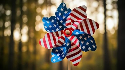 Patriotic american flag pinwheel in a forest setting