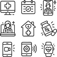 Digital healthcare telemedicine icons for telehealth services combined title digital healthcare icons represent the future of telemedicine services.