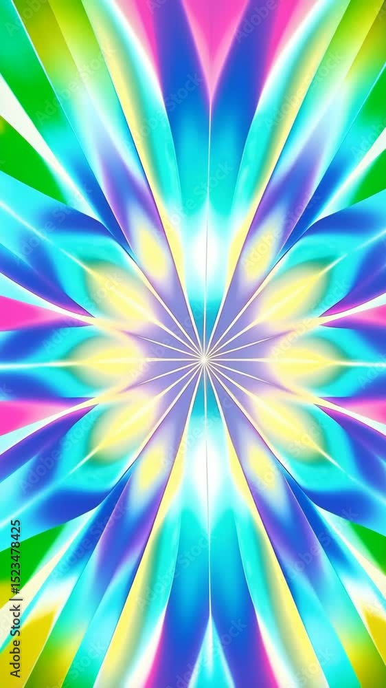 Poster abstract burst of colorful light rays emanating from a central bright point in a symmetrical, floral