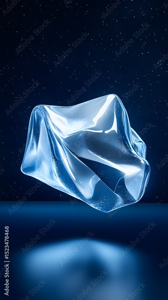 Poster a large, translucent ice cube floats in a dark space.