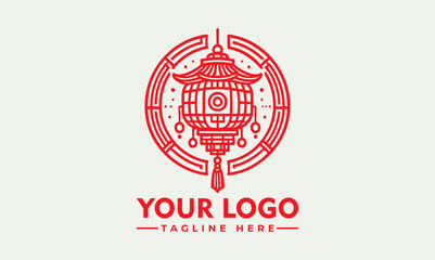 Traditional red Chinese lantern enclosed in circular floral frame with ornamental swirls for festive celebration. Culture concept
