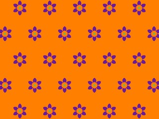 Seamless pattern of stylized purple flowers on an orange background, perfect for textile prints, wallpapers, and various design projects.