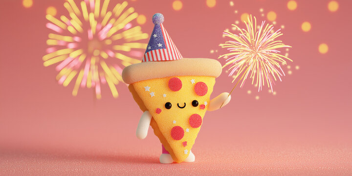 A fun pizza character grips a miniature flag in celebration of Independence Day