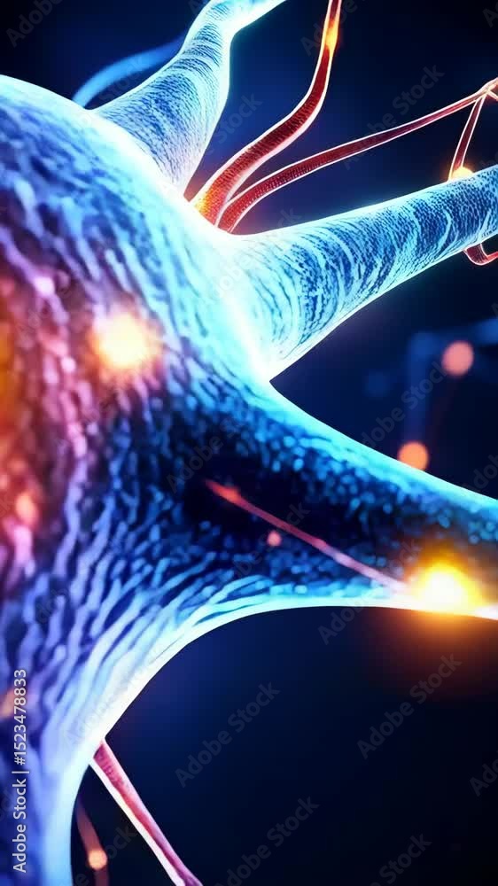 Aufkleber abstract neuron cell with glowing connections in vibrant blues and oranges, scientific representatio