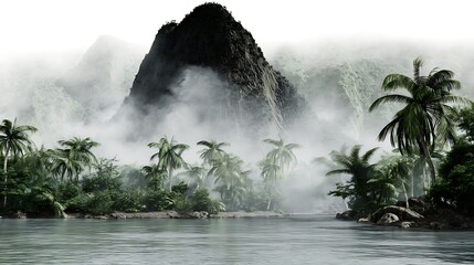 Misty tropical island mountain scene
