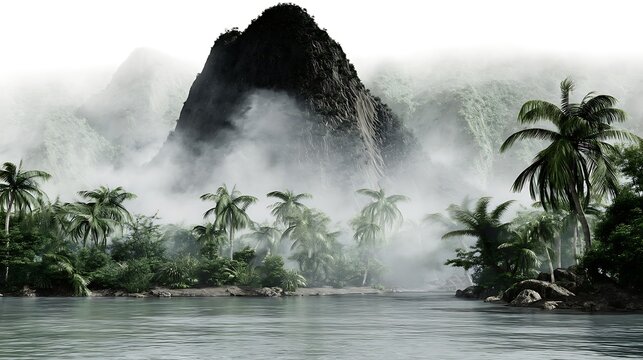 Misty tropical island mountain scene