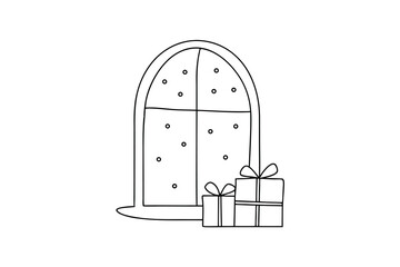 Festive window with presents line drawing illustration