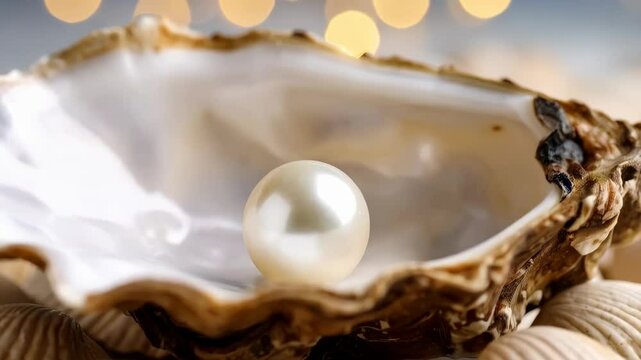 Glowing pearl inside of open oyster shell surrounded by sea shells reflecting blurred lights in the background