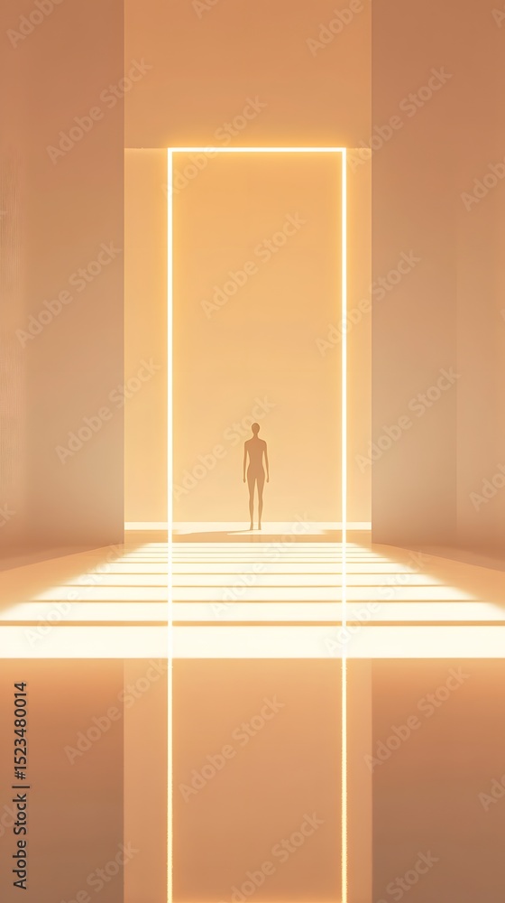 Poster empty corridor with glowing lines and a figure.