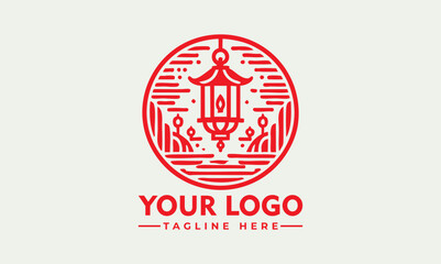 Traditional red Chinese lantern enclosed in circular floral frame with ornamental swirls for festive celebration. Culture concept
