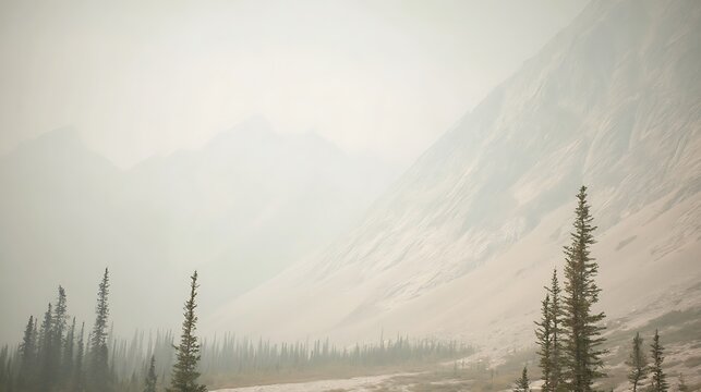 Hazy mountain scene with sparse trees