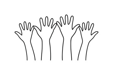 Four hands reaching upward line drawing teamwork unity