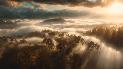 Obraz premium Ethereal landscape with fog and mountains