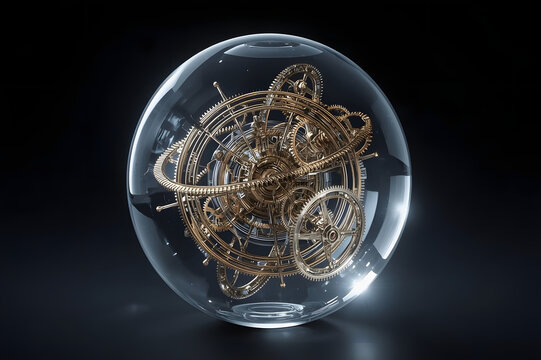 Intricate Timepiece in a Sphere: A captivating display of a complex mechanical timepiece, encapsulated within a clear, protective sphere against a dark background. - Powered by Adobe