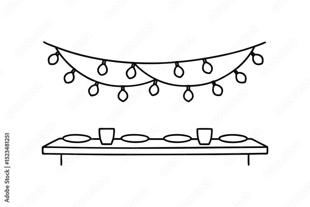 Aufkleber simple line drawing festive table setting with string lights