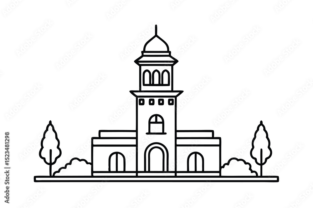 Poster simple line drawing mosque building with trees