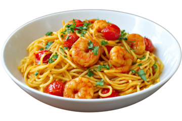 Delicious shrimp pasta with fresh tomatoes. Isolated trasparent Png.