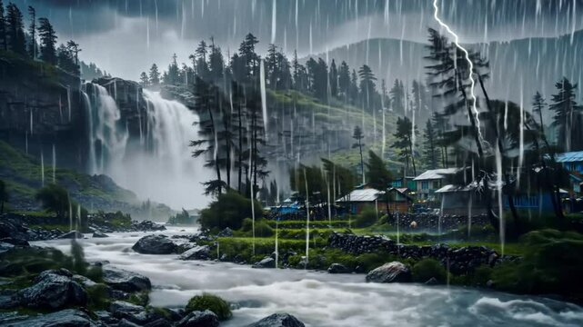 A remote mountain village under heavy rain, strong wind, and lightning strikes near a waterfall and rocky river during a violent thunderstorm. Realistic nature footage.
