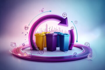 Colorful recycling bins with city skyline