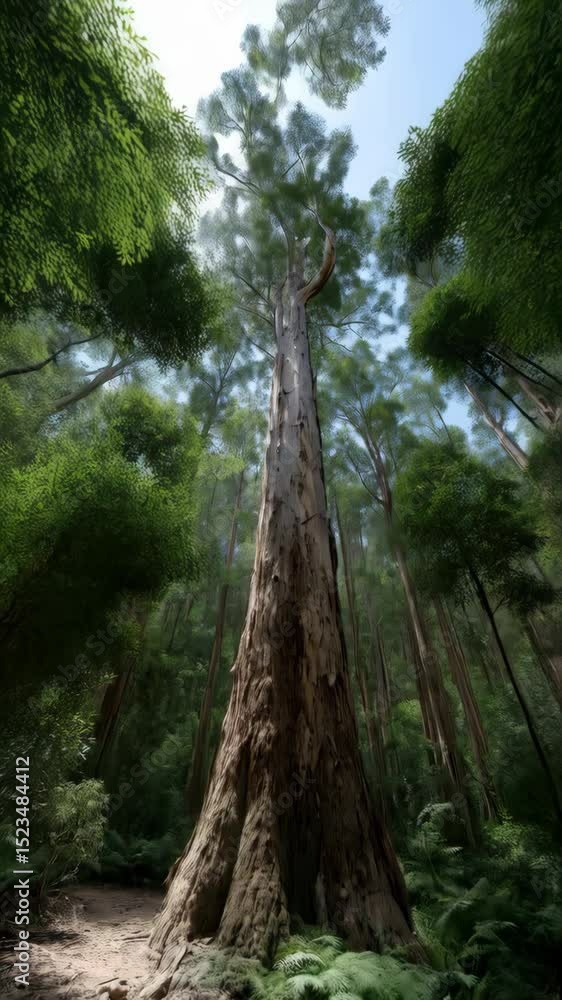 Poster looking up at a giant eucalyptus tree in lush forest with ferns and dirt path creating a scenic and 