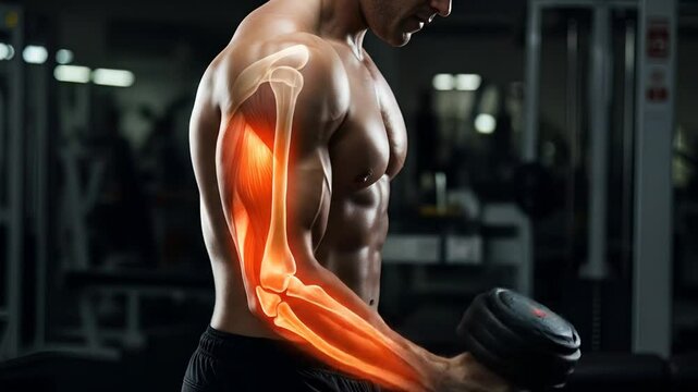 Muscular man bicep curl exercise with skeletal system overlay
