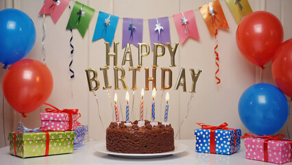 Festive Birthday Celebration with Cake and Balloons