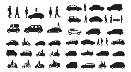 Obraz premium City street scene people cars vehicles silhouettes