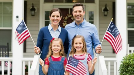 Happy family with american flags celebrating independence day on their porch - Powered by Adobe