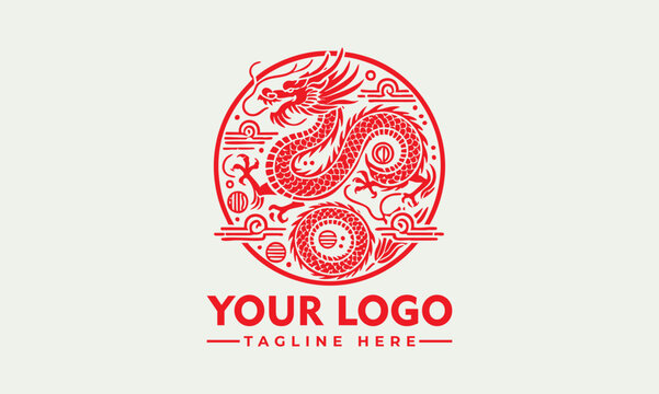 Red Chinese dragon surrounded by cloud motifs and ornate circular frame in traditional mythical illustration. Culture concept
