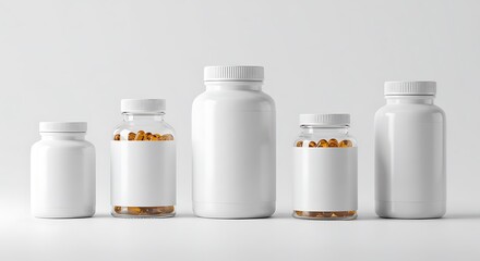 Blank supplement bottles in various sizes.