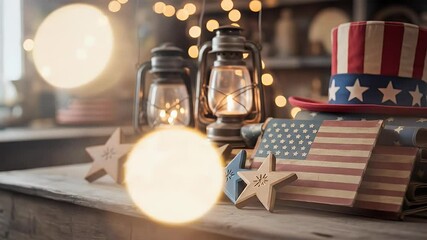 Vintage lamps and decorations on wooden table - Powered by Adobe