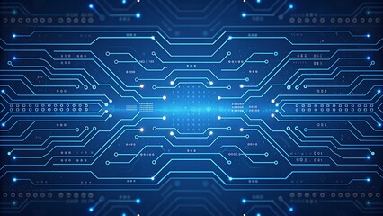 Futuristic digital circuit board with glowing blue lines and connections representing advanced technology and data flow