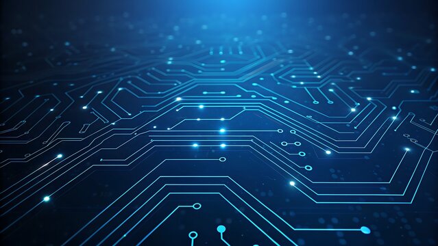 Futuristic digital circuit board with glowing blue lines and connections representing advanced technology and data flow
