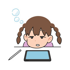 勉強しながら眠くなった女の子　タブレット端末