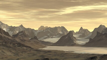 Surreal mountains with frozen water vista