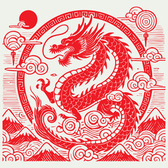 Red Chinese dragon surrounded by cloud motifs and ornate circular frame in traditional mythical illustration. Culture concept
