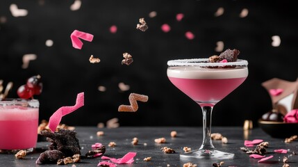 Delightful Pink Cocktail Topped with Chocolate and Colorful Candy Treats