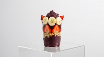 Açaí in an acrylic cup in a minimalist image with white background, ideal for advertising fitness and healthy products